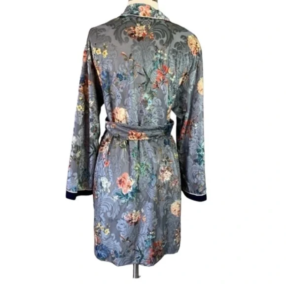 ZARA Floral Jacquard Kimono Robe Kaftan Gray Belted Boho Luxe Lounge Size Small